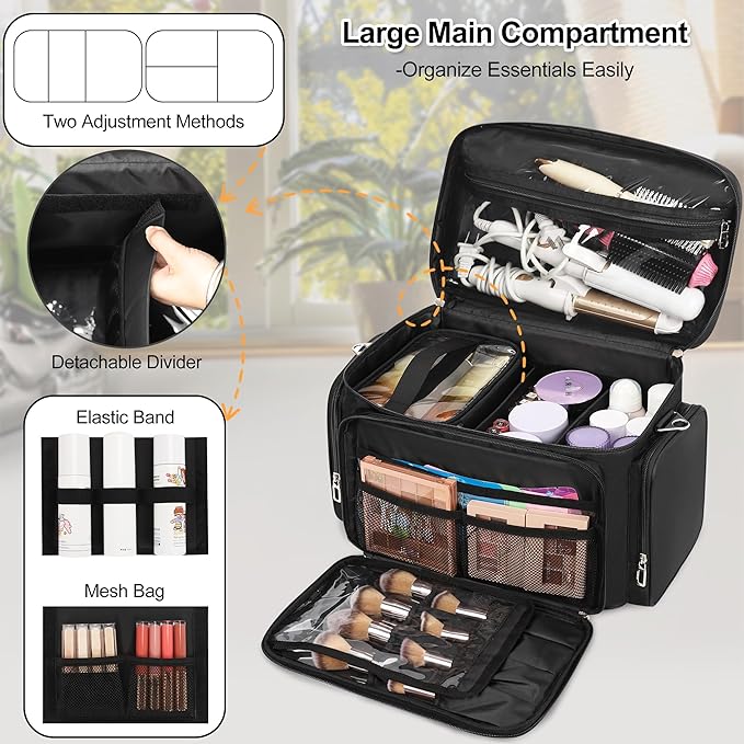 TANTO Large Makeup Organizer Bag, Professional Makeup Artist Bag Portable Travel Makeup Organizer with Detachable Dividers, 2 Pouches & Shoulder Strap, Cosmetic Storage for Beauty Enthusiasts