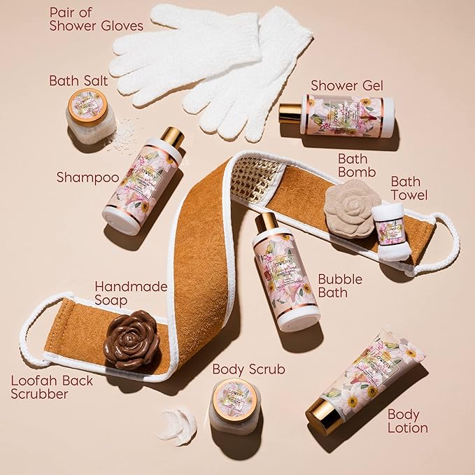LOVERY Vanilla Coconut Bath & Spa Gift Set, 13pc Spa Gift Basket, Gifts for Women & Men, Bath Bomb, Body Lotion, Bubble Bath & More