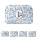 JOVAKIT Conch Alphabet Makeup Bag Cosmetic Bag for Women, Christmas Gifts for Women Girls, Blue Floral Coquette Travel Bag, Zipper Make Up Pouch Organizer Trendy Stuff (Blue Floral C)