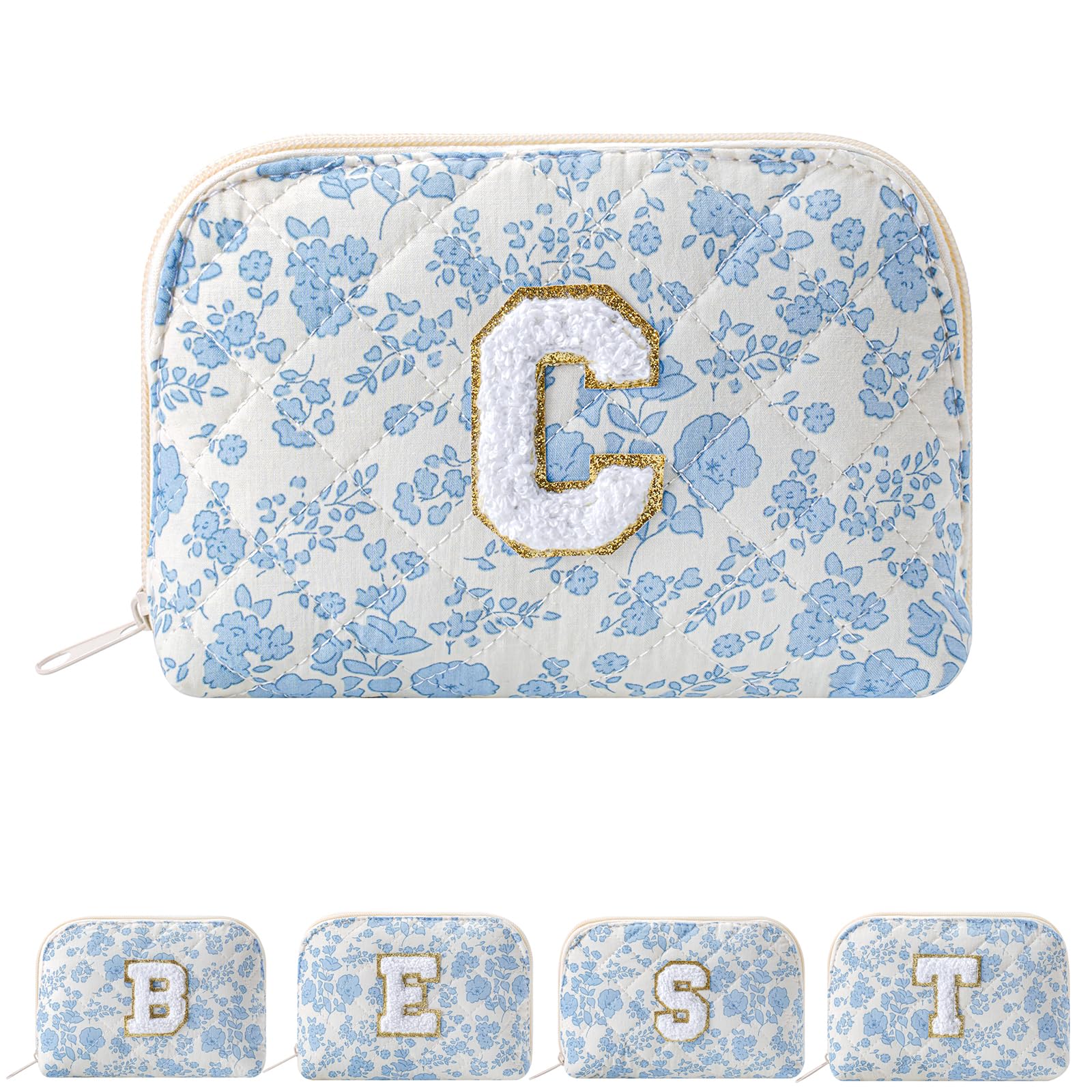JOVAKIT Conch Alphabet Makeup Bag Cosmetic Bag for Women, Christmas Gifts for Women Girls, Blue Floral Coquette Travel Bag, Zipper Make Up Pouch Organizer Trendy Stuff (Blue Floral C)