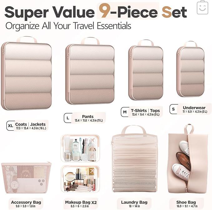 Veken 9/11 Set Compression Packing Cubes Garment Bags for Travel Essentials,Compressible Expandable Luggage Organizer Bags for Clothing,Space Saver Bags with Over 1000 pcs of Mesh Holes(Beige)