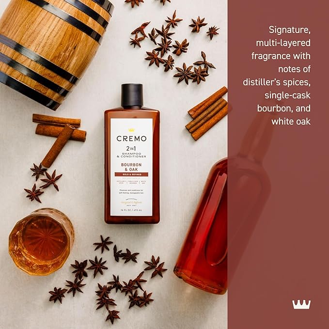Cremo Bourbon & Oak 2-in-1 Shampoo & Conditioner, Barber Grade Quality That Moisturizes and Cleanses All Hair Types, 16 Fl Oz