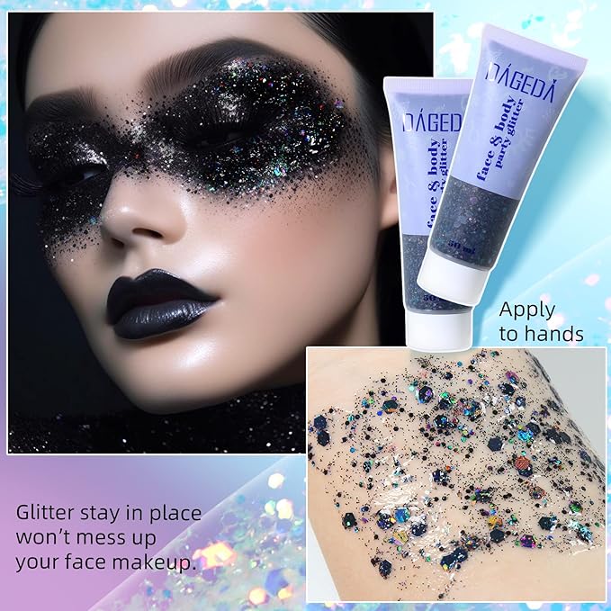 DAGEDA Black Body Glitter Gel, Sparkly Hair Face Glitter Makeup Accessories