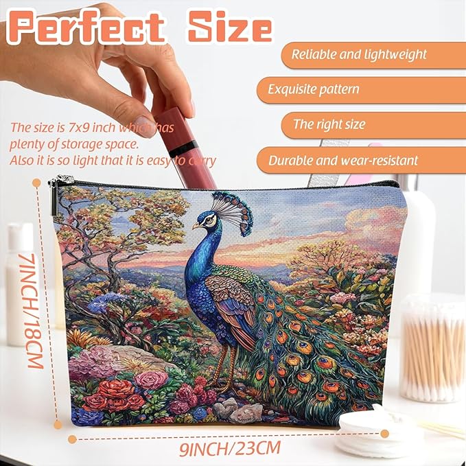 Scribesense Makeup Bag Travel Cosmetic Bags Small Makeup Case Waterproof Zipper Pouch for Women Girls 7X9inches - Peacock in A Dusk - Filled Floral Landscape