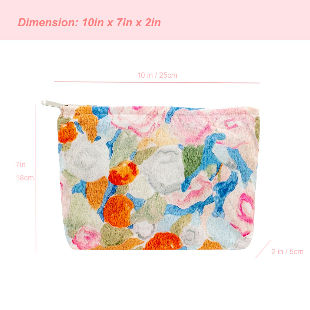 Flat Makeup Bag for Women,Zipper Cosmetic Pouch for Purse,Garden Orange