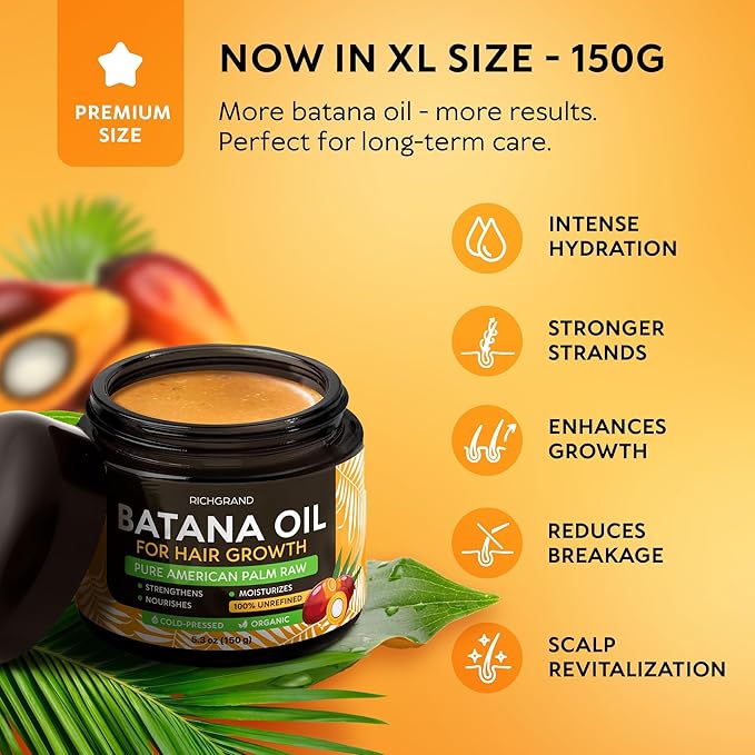RICHGRAND Batana Oil for Hair Growth & Skin - 100% Raw Unrefined Batana Butter from Honduras - Multipurpose Body Moisturizer - Natural Cold Pressed Oil for Scalp, Split Ends & Dryness (5.3 oz)
