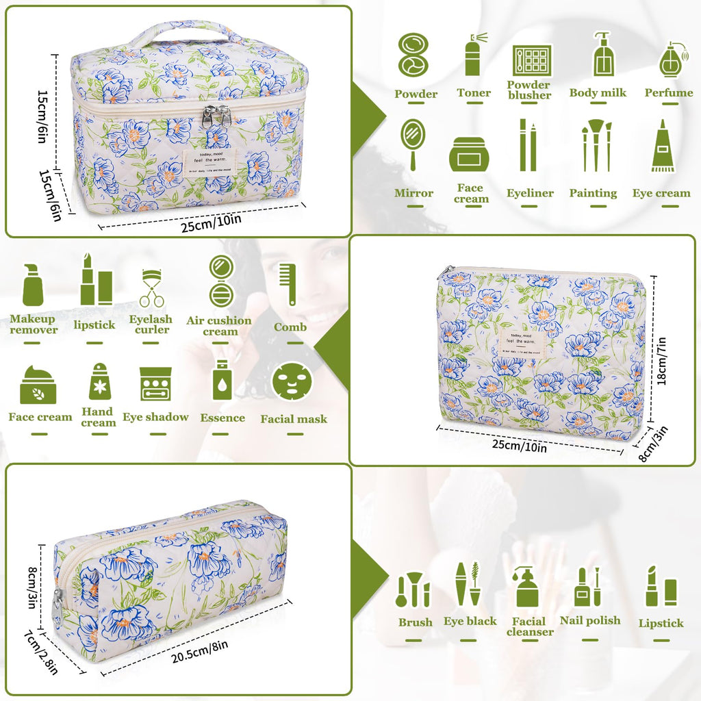Gosect 3PC Makeup Bag Set, Quilted Makeup Bag, Large Floral Cosmetic Bag for Women, Cute Cotton Makeup Bags, Flower Travel Toiletry Organizer Bag (light blue)