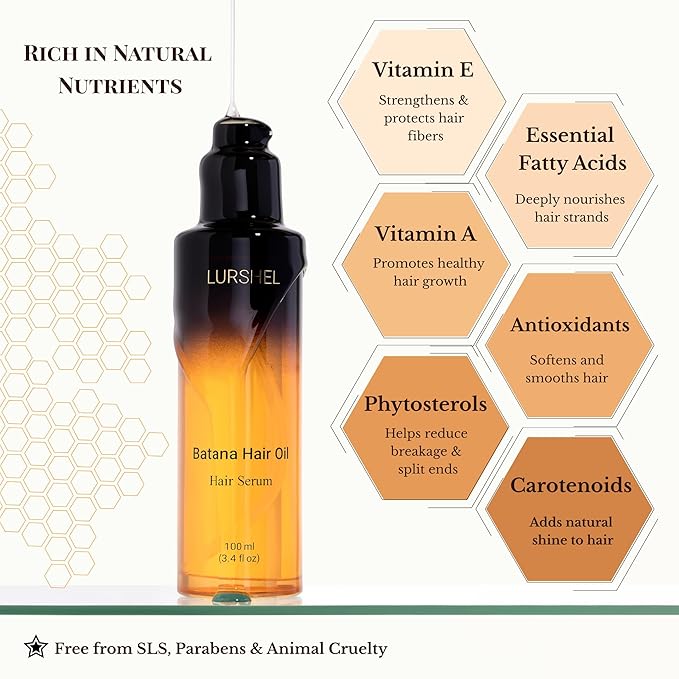 Lurshel Batana Oil hair Serum - Leave-in No Rinse Treatment for Deep Hydration & Nourishment,Frizz Control, Split End Repair, adds Shine, Ideal Solution for Damaged & Dry Hair, (3.4 fl oz)