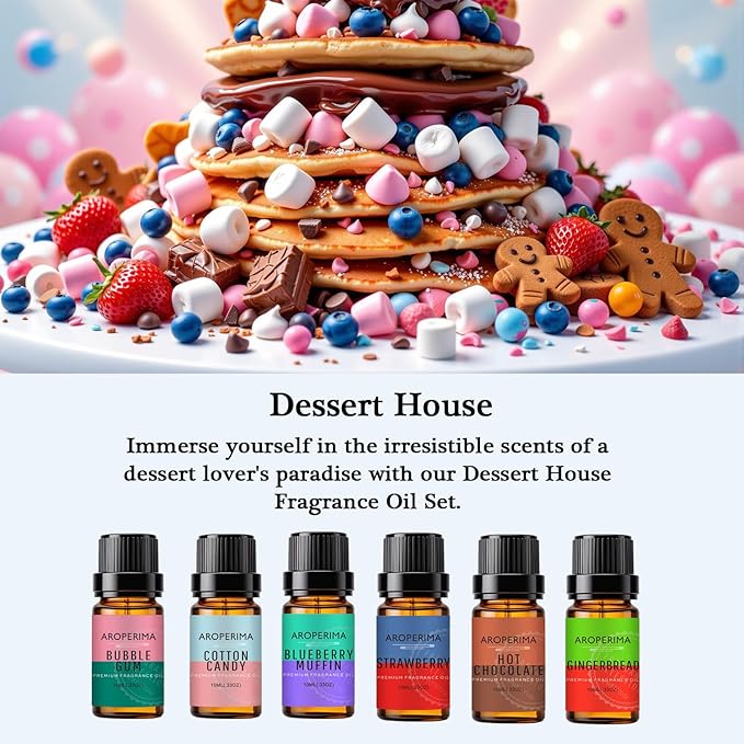 AROPERIMA Dessert House Fragrance Essential Oil Set - Cotton Candy, Blueberry Muffin, Hot Chocolate, Bubble Gum, Strawberry, Gingerbread 6x10ML for Diffusers, Massage, Perfume, Soap Making and Candle