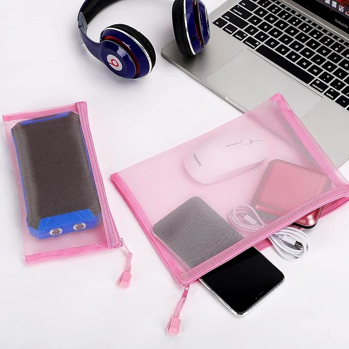 Sinzip 12 Pieces Zipper Nylon Mesh Pouch, Mesh Cosmetic Bags Makeup Bags Pencil Case, Multipurpose Travel Bags for Cosmetic School Office Supplies and Travel Accessories (Pink, A5+B6) (WB06)