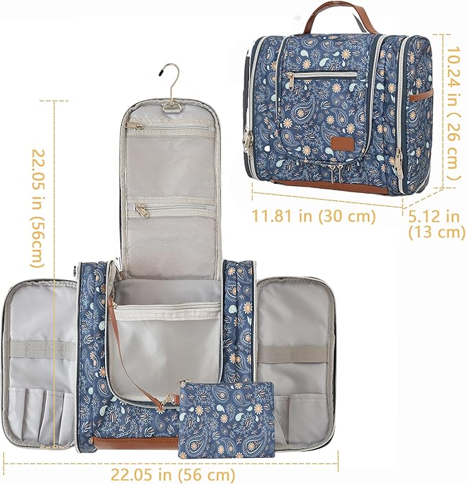 Perlvin Alinne Hanging Toiletry Bag for Women, Travel Makeup with Metal Swivel Hook, Organizer for Full Sized Cosmetics and Toiletries,Water-Resistant Nylon,Paisley Floral