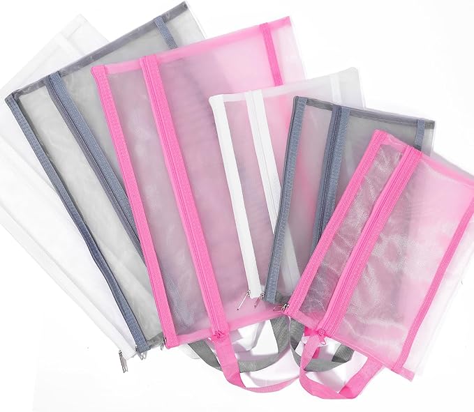 Fassave 6 Pack Mesh Zipper Pouch Bags, Double Layer Nylon Pouch with Handle for Office Travel Organization (White, A4)