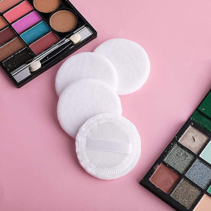 Sibba Powder-Puff 2PCS Cotton Cosmetic Face Makeup Velour Powder Pads with Ribbon for Loose and Foundation Round White Dry Puff Suitable for Eyeshadow Blush Concealer and etc.