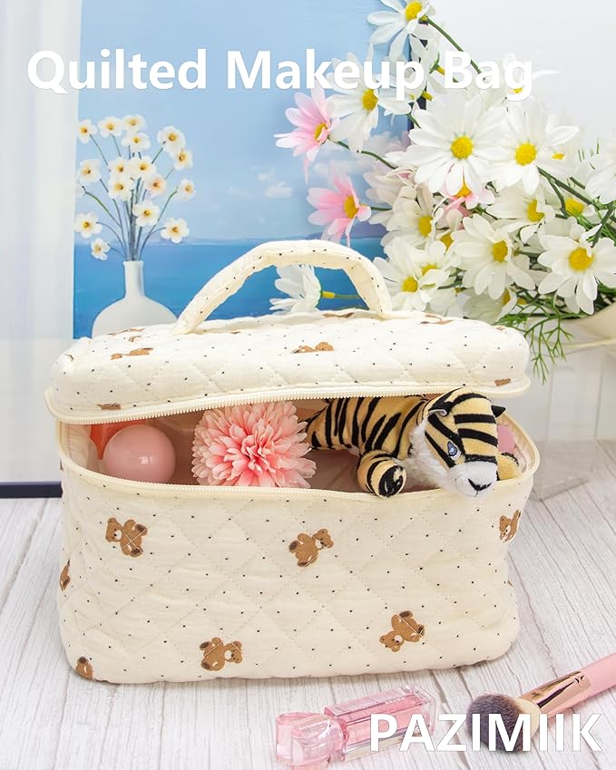 Quilted Makeup Bag for Women, Travel Cosmetic&Toiletry Bag,Gauze Bear