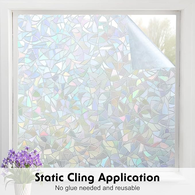 Volcanics Rainbow Window Privacy Film with Installation Tools, Decorative Stained Glass Window Film, Static Window Clings, Heat Control Window Tinting Film Stickers, Grayish Silver, 35.4 x 78.7 inches