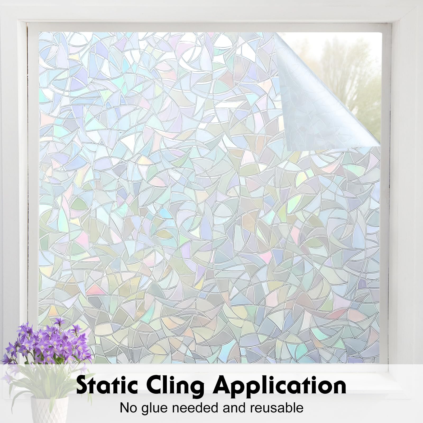 Volcanics Rainbow Window Privacy Film with Installation Tools, Decorative Stained Glass Window Film, Static Cling Heat Control Window Tinting Film Stickers, Grayish Silver, 17.5 x 78.7 inches
