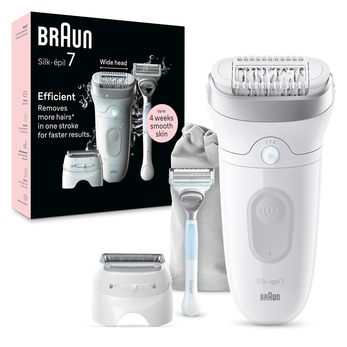 Braun Epilator Silk-épil 7, Hair Removal Device, Women Shaver & Trimmer, Wet and Dry, Wide Head, Includes Shaver Head and Trimmer Comb, SE7-041, Silver