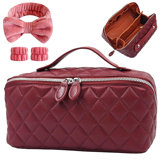 Cuteseason PU Leather Makeup Bag for Women, Structured Makeup Case with Wide Opening, Travel Cosmetic Bag with Compartments and Handle, Water-Resistant Makeup Organizer(Burgundy Diamond Quilted)
