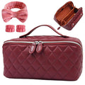 Cuteseason PU Leather Makeup Bag for Women, Structured Makeup Case with Wide Opening, Travel Cosmetic Bag with Compartments and Handle, Water-Resistant Makeup Organizer(Burgundy Diamond Quilted)
