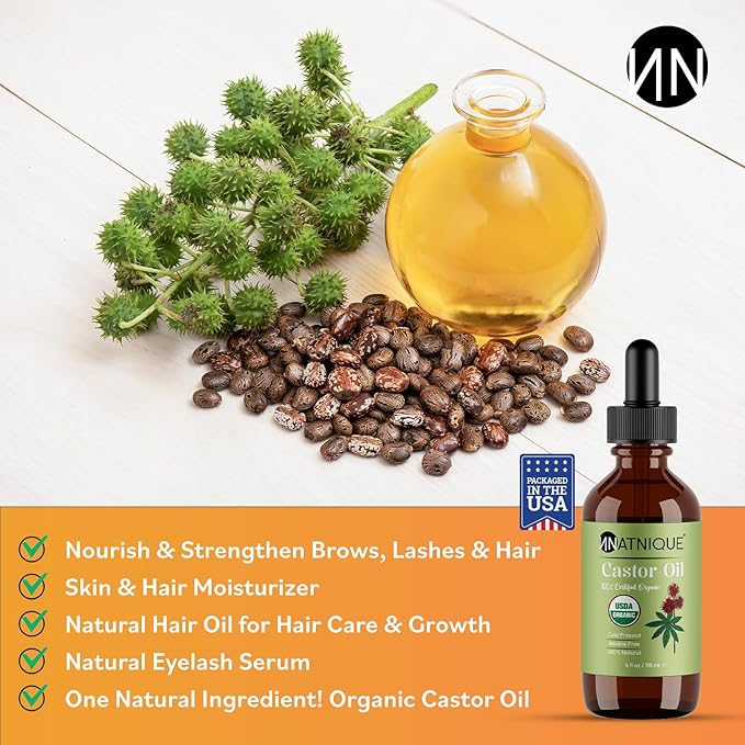 Natnique Castor Oil – USDA Certified Organic, 100% Pure Cold Pressed Unrefined Oil for Hair Growth, Eyelashes, Eyebrows & Scalp – Natural Skin Moisturizer, Lash Serum & Hair Treatment (4 oz)