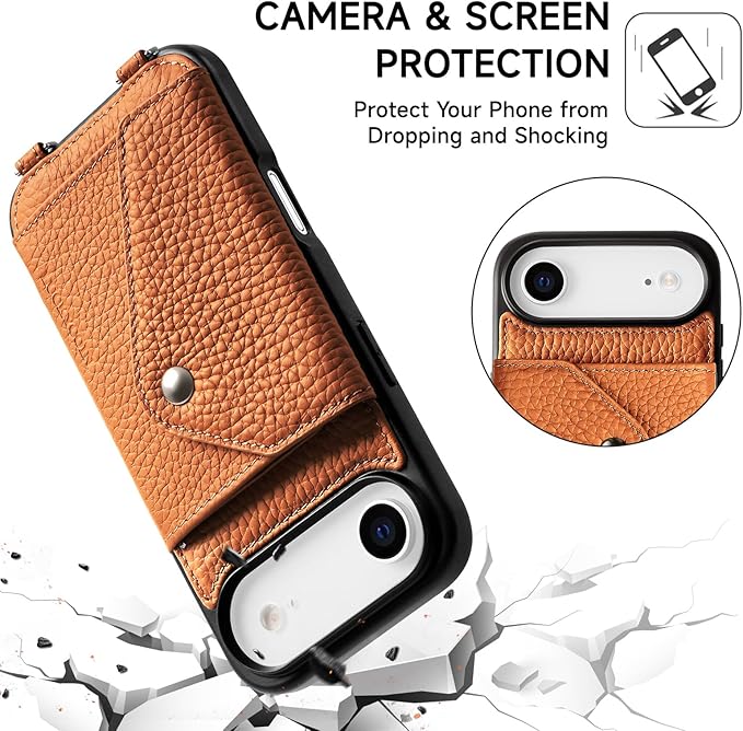 LUCKYCOIN Crossbody Phone Case for iPhone Air,100% Genuine Leather Phone Wallet Case for Women,Fashion Premium Hands-Free Phone Purse with Expandable Flip Card Holder & Adjustable Strap - Pebble Brown