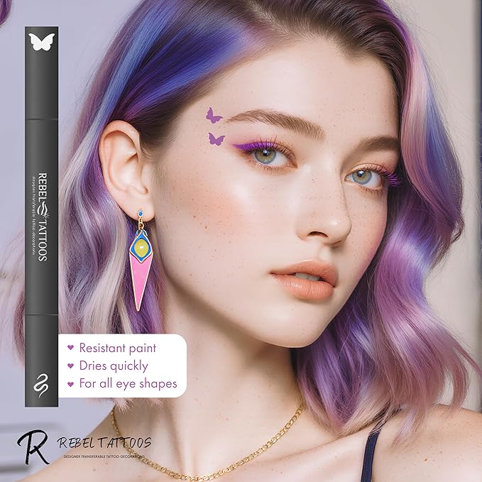 Rebel Tattoos 2-in-1 Eyeliner Stamp, Pigmented Intense Black Formula, Smudge-Budge Proof, Sweatproof, 24 Hour Stay Eyeliner Stamp (purple butterfy)
