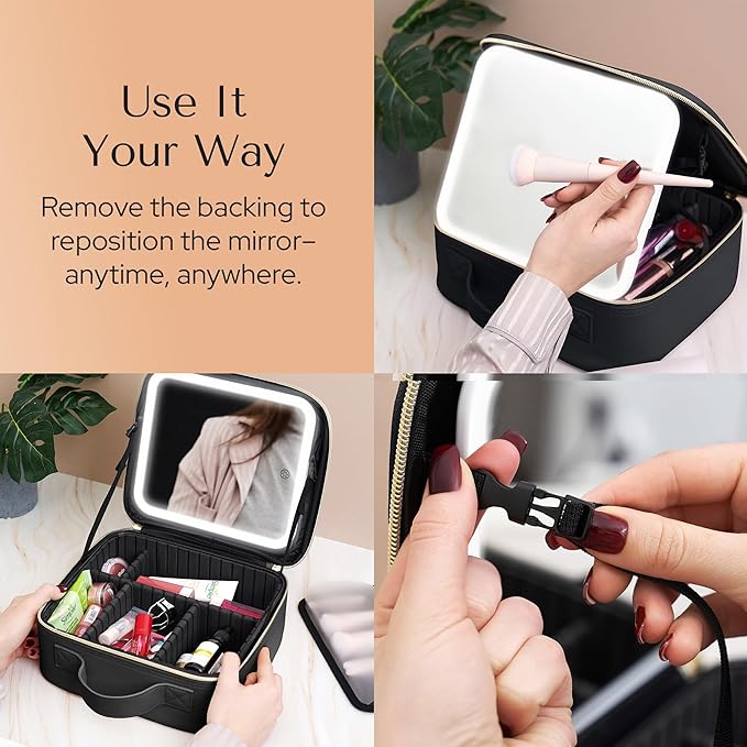Aura In Bloom Makeup Bag with LED Mirror – Travel Cosmetic Organizer with Lighted Mirror, Adjustable Dividers & Brush Holder Storage – Portable PU Leather Makeup Case for Women & Girls - Black