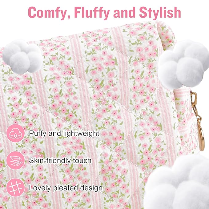 Personalized Quilted Cosmetic Bag, Puffy Monogrammed Christmas Birthday Gifts for Women & Girls, Cute initial Floral Makeup Bag Puffer Coquette Bag, Aesthetic Travel Toiletry Zipper Pouch(Pink,V)
