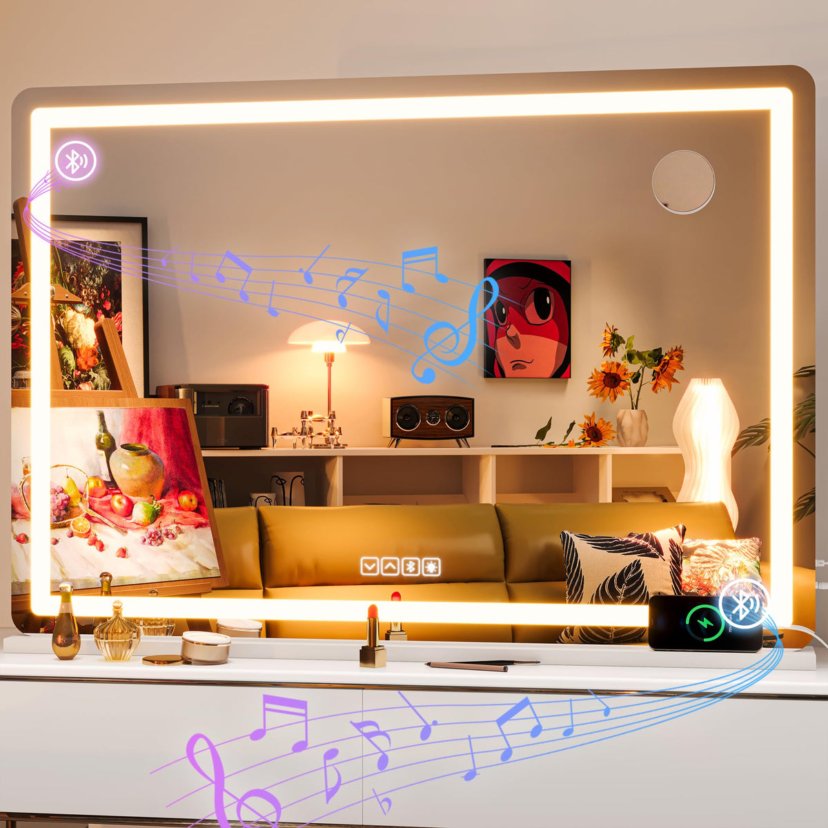 Hasipu Vanity Mirror with Lights, 27.6" x 20" LED Makeup Mirror, Lighted Makeup Mirror with Dimmable 3 Modes, Touch Screen Control Vanity Mirror Round Gold