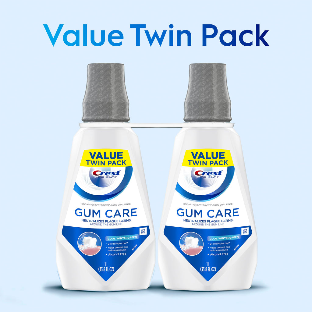 Crest Gum Care Mouthwash, Cool Wintergreen, CPC Antigingivitis/Antiplaque Oral Rinse 1L (33.8 fl oz), Pack of 2, Alcohol Free for Adults