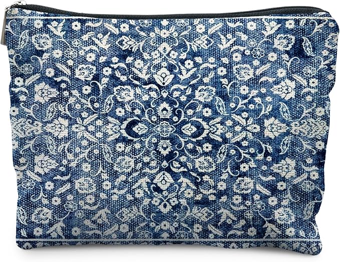 RYYCDOI Vintage Blue Chinoiserie Floral Makeup Bag, Blue and White Flower Cosmetic Bags for Women, Retro Grandmillennial Indigo Floral Zipper Makeup Pouch