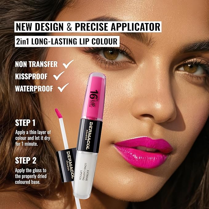 Dermacol 16-Hour Lip Color, Two-Phase Kissproof Lip Stain & Gloss, No.18