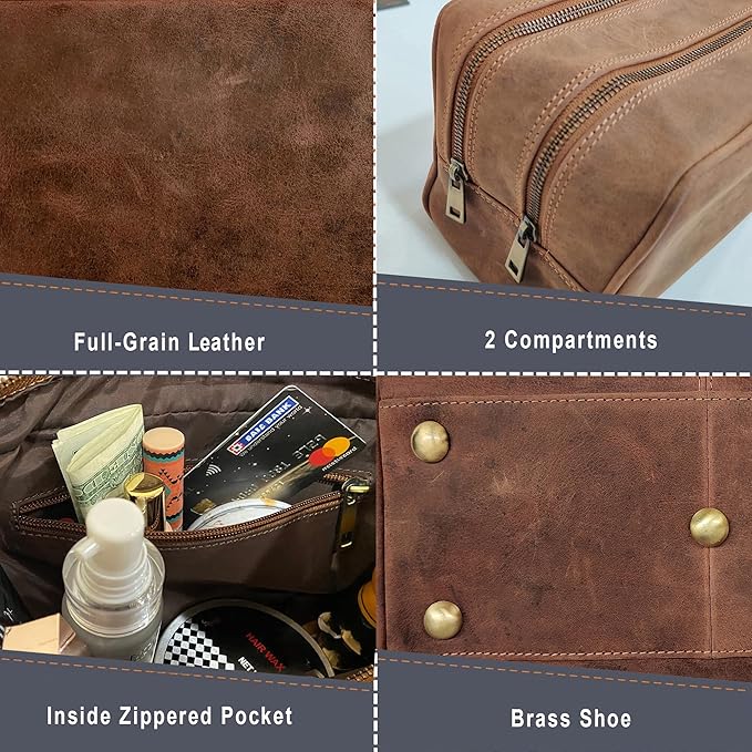 Leather Travel Toiletry Bag for Men, Full Grain Cosmetic Dopp Kit Organizer