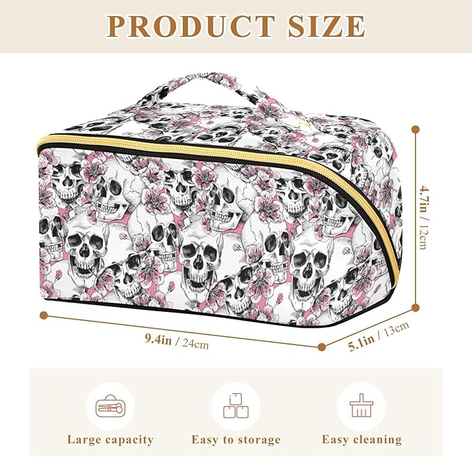 MNSRUU Makeup Organizer Bag, Halloween Skull Flowers and Pink Cherries Travel Makeup Bags Makeup Vanity Case Large Capacity Rhombus Cosmetic Toiletry Bag for Girl Women Ladies