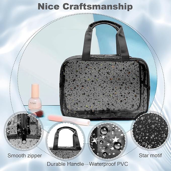 Junesters Clear Black Star Large Makeup Bag with Star Pattern 12x5x8 inch, Travel Cosmetic Bag with Handle, Durable PVC Material Washbag Zipper Opening Design for Makeup Travel Organizer or Gym Use
