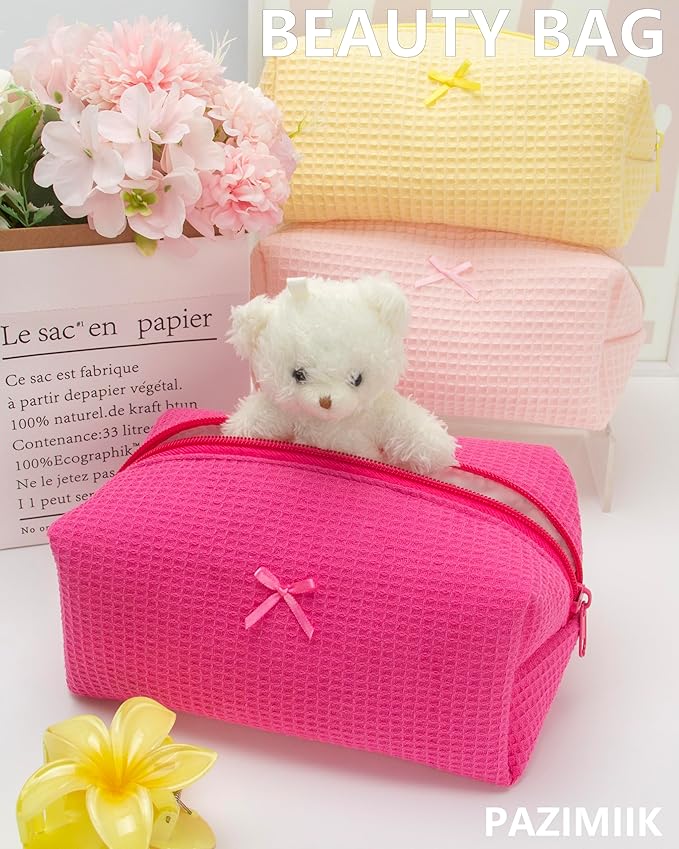 Cozy Makeup Bag for Women,Zipper Cosmetic Pouch,Waffle Hotpink,2 Pack