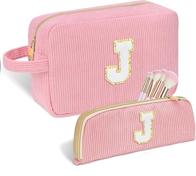 Sernaxi Personalized Initial Makeup Bag Trendy Stuff Corduroy Cosmetic Bag Travel Toiletry Bag, Valentine’s Day Gift Makeup Organizer Case & Makeup Pouch for Women teen Girls Mom Girlfriend Wife
