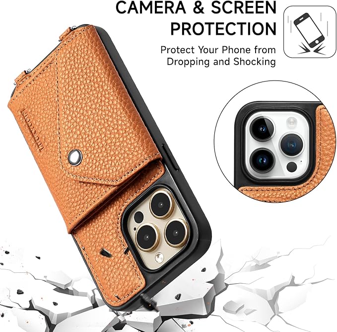 LUCKYCOIN Crossbody Phone Case for iPhone 15 Pro Max,100% Genuine Leather Phone Wallet Case for Women, Premium Hands-Free Phone Purse with Expandable Flip Card Holder & Adjustable Strap - Pebble Brown