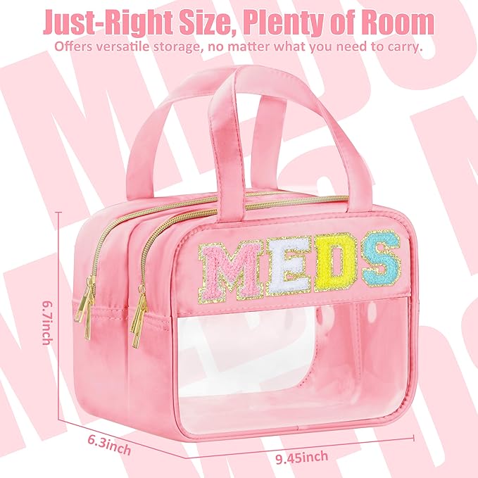 BuyCard Chenille Letter Clear Medicine Makeup Bag for Travel, Preppy Patch Nylon Cosmetic Meds Pouch with Handles and Zipper, Waterproof Large Travel Toiletry Bag Storage Case for Women Pink