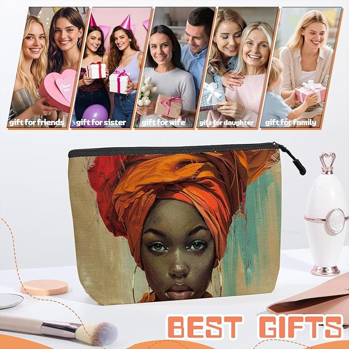 Scribesense Cosmetic Bags Travel Makeup Toilet Case Waterproof Pouch for Women Girls 6.7X9.45inches - Orange Turban And The Intense Gaze of A Lady