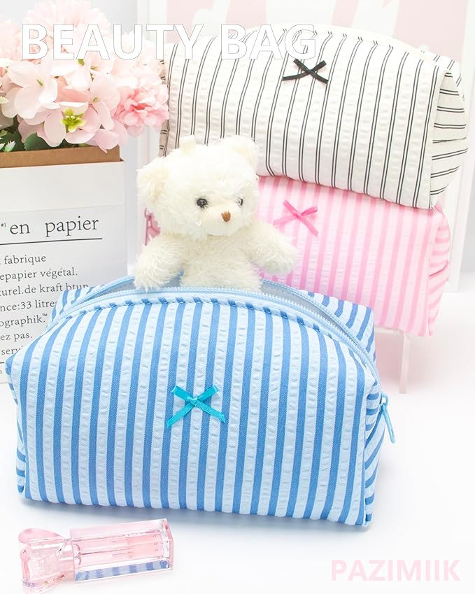 PAZIMIIK Cozy Makeup Bag for Women,Zipper Cosmetic Pouch,Stripe Lake Blue