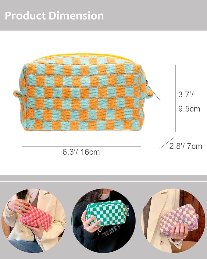 Checkered Makeup Bag for Purse, Small Cosmetic Pouch,Orange Green,6 Pack