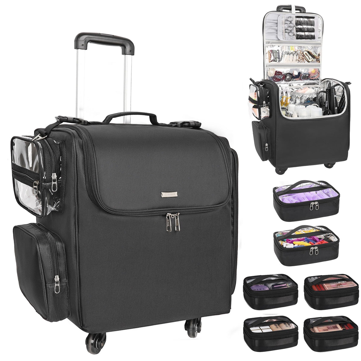 Relavel Rolling Makeup Train Case with 4 Pcs Clear Makeup Bags, Hairstylist Traveling Bag with 4 Wheels, Heat Insulation Full Layer, Adjustable Dividers, Hair Tools and Cosmetics Storage Organizer