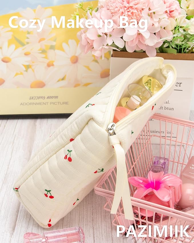 Quilted Makeup Pouch for Women, Travel Cosmetic&Toiletry Bag,Cherry Beige
