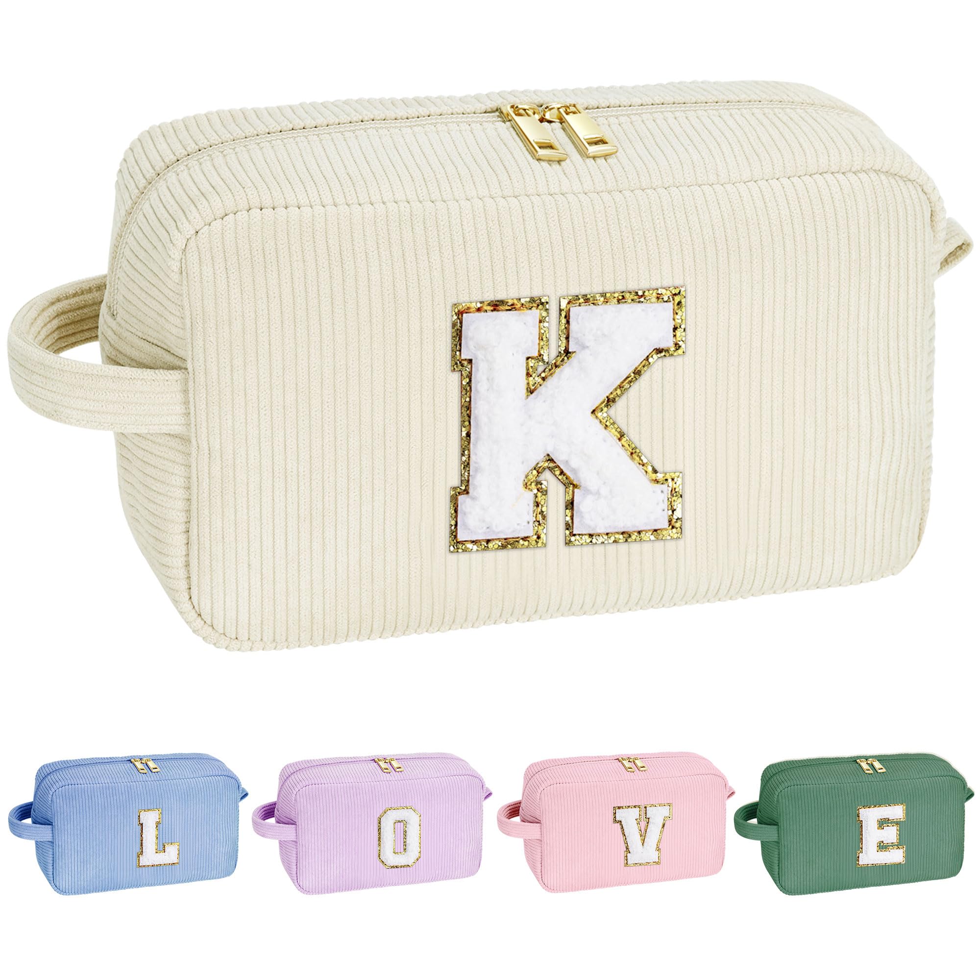 YOOLIFE Travel Cosmetic Bags for Women - Monogram Make Up Bag Travel Makeup Bag Travel Essentials Corduroy Makeup Bag Bridesmaid Proposal Gifts Girlfriend Wife Sister Gifts for Women Girls Letter K