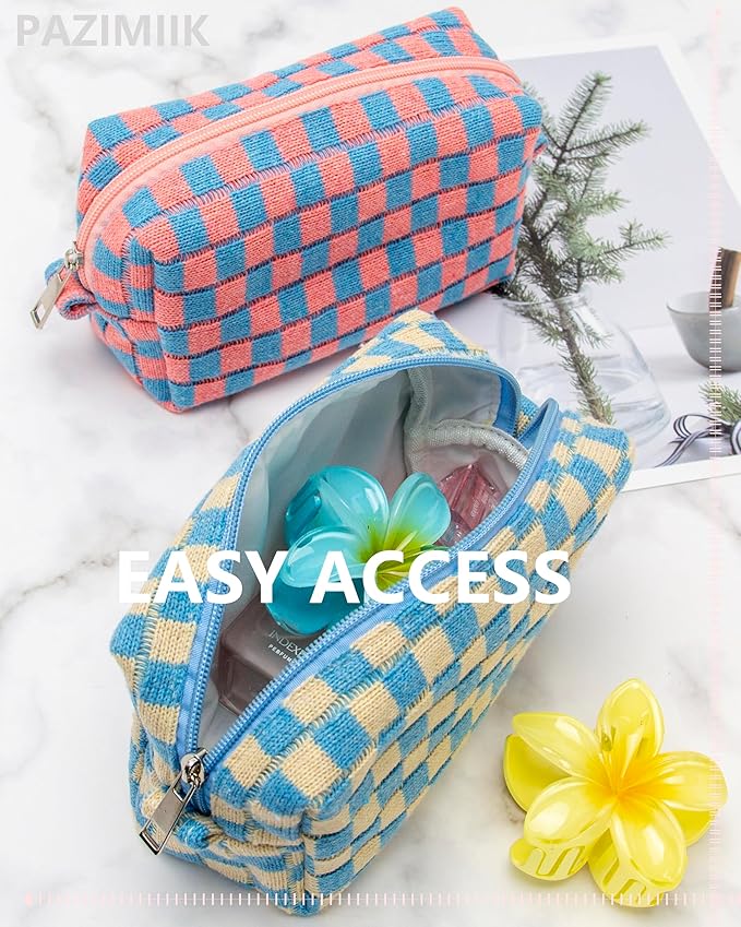 Checkered Makeup Bag for Purse, Small Cosmetic Pouch,Blue Beige,6 Pack