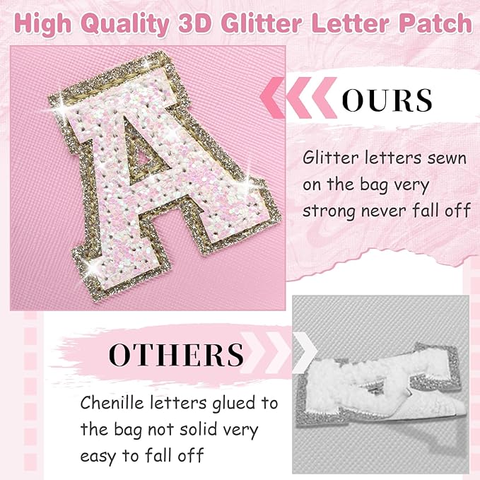 Small Personalized Initial A-Z Patch Makeup Bag,Pink Cute PU Leather Glitter Letter Cosmetic Bag for Teen Girls,Travel Toiletry Bag with Zipper,Preppy Monogrammed Birthday Gift for Daughter Niece P