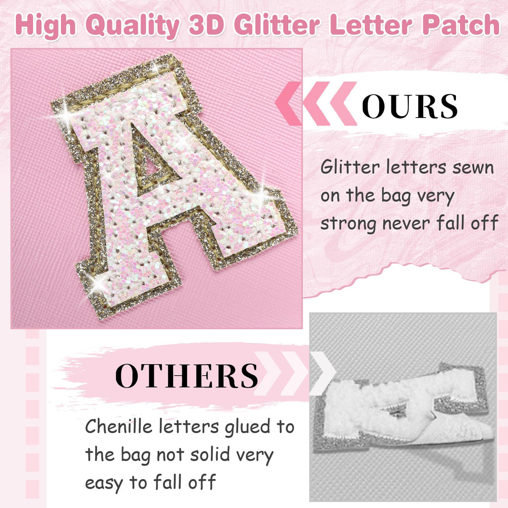 Small Personalized Initial A-Z Patch Makeup Bag,Pink Cute PU Leather Glitter Letter Cosmetic Bag for Teen Girls,Travel Toiletry Bag with Zipper,Preppy Monogrammed Birthday Gift for Daughter Niece C