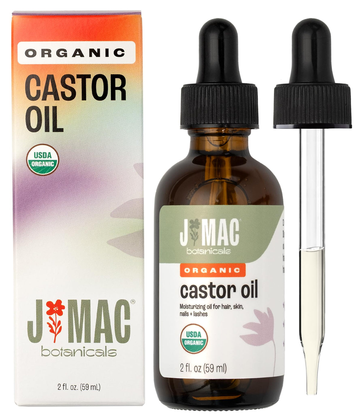 J MAC BOTANICALS Organic Castor Oil Cold Pressed in Amber Glass Bottle (4 oz with Dropper) USDA Certified, Hexane Free - Moisturizing Oil for Hair, Skin, Face, Eyelashes, Brows, & Nails