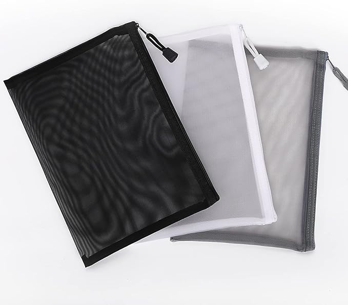 Sinzip 12 Pieces Zipper Nylon Mesh Pouch, Mesh Cosmetic Bags Makeup Bags Pencil Case, Multipurpose Travel Bags for Cosmetic School Office Supplies and Travel Accessories (Black,White,Grey, A5)